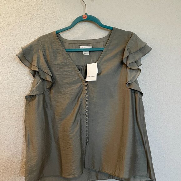 NWT Club Monaco Ruffle SLV Button Chemise in Sage - Picture 4 of 11